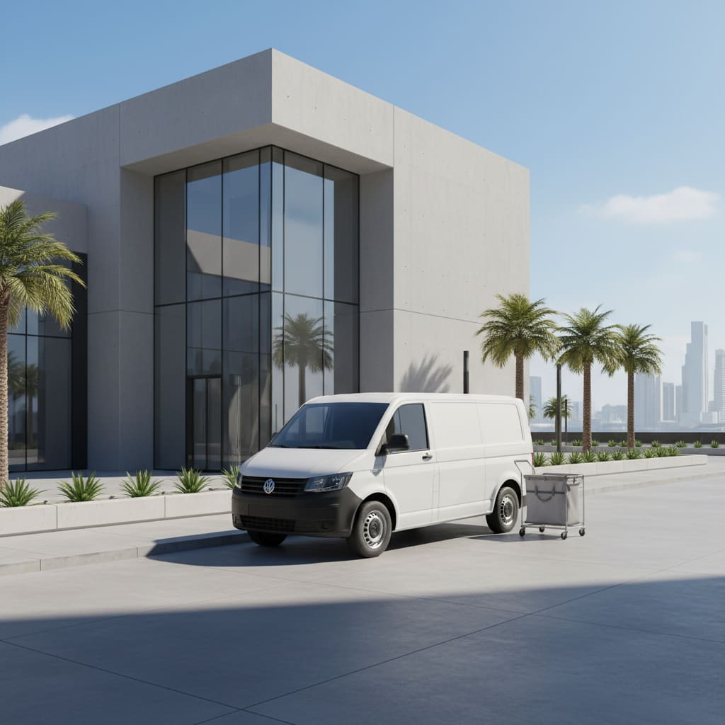 Clean delivery van scene near a modern building entrance in Doha