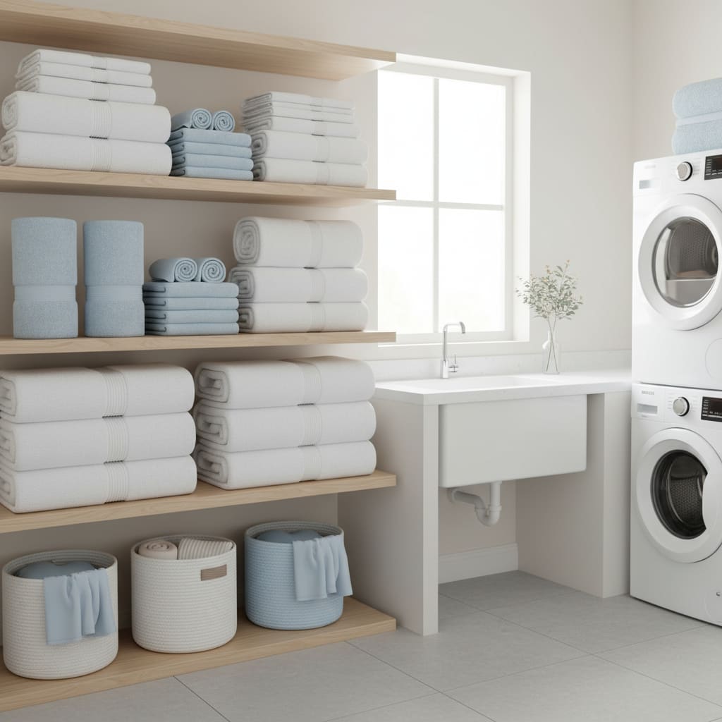 Neatly folded towels in a bright, clean laundry setting