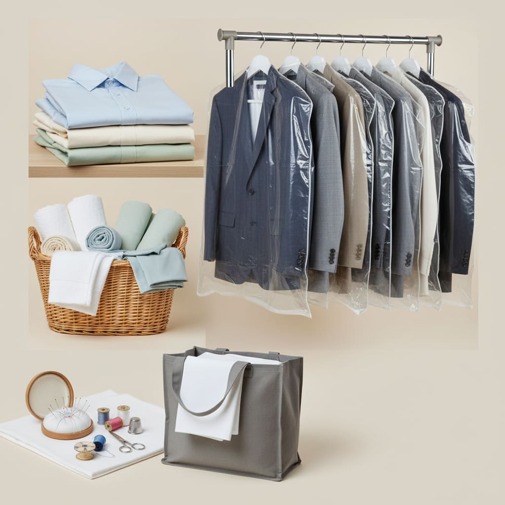 Collage of laundry services including folded items, dry cleaning rack, sewing tools, and a delivery tote